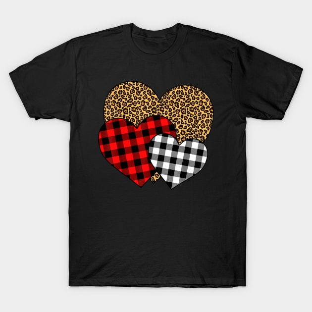 Buffalo Red Black Plaid And Leopard Hearts Valentine Day T-Shirt by Manonee